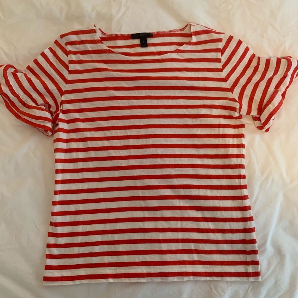 JCrew Ruffle-Sleeved Orange and White Striped Top